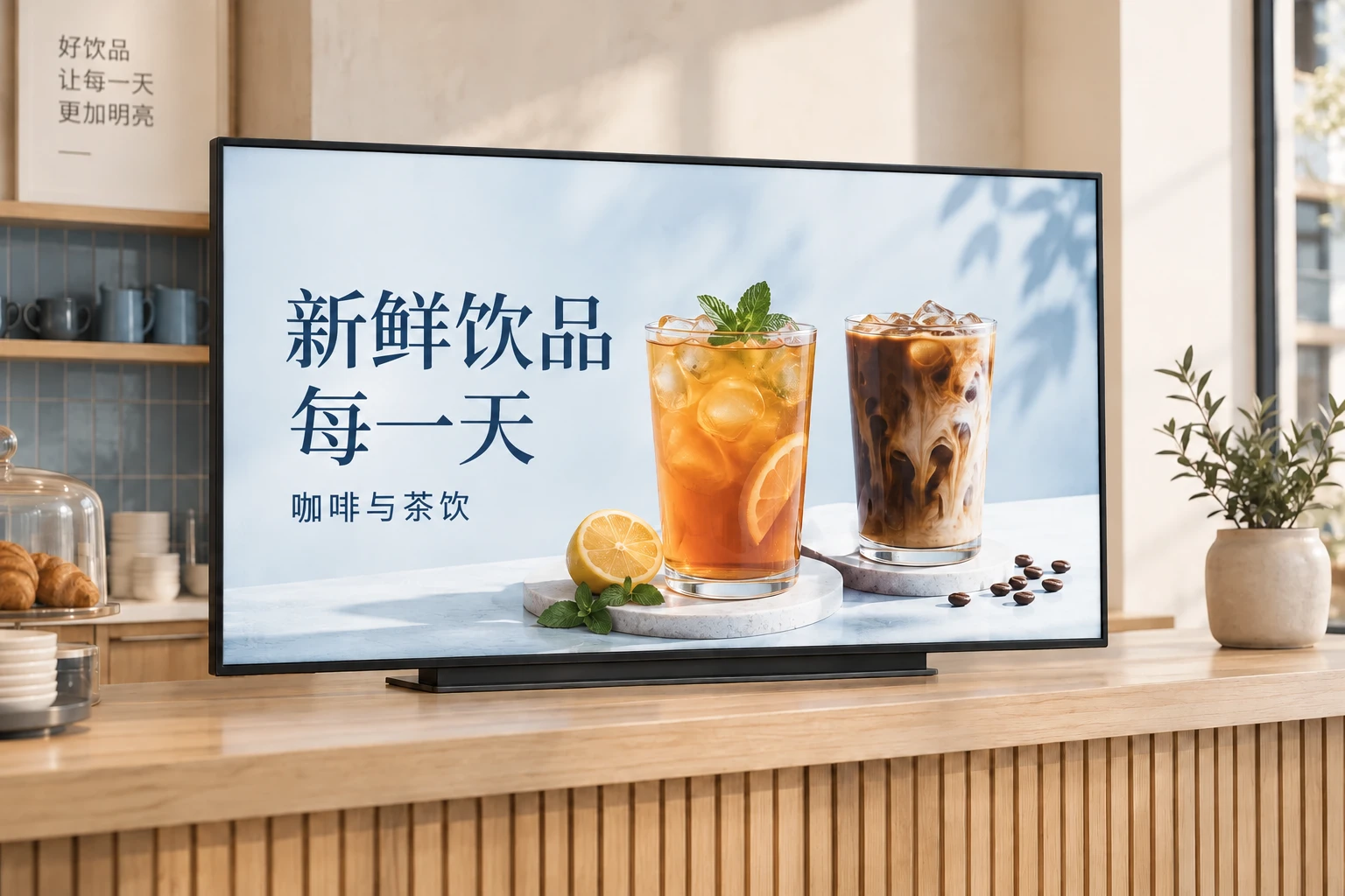 广告标牌品牌场景图,浅木色咖啡馆内的屏幕展示蓝白饮品海报
